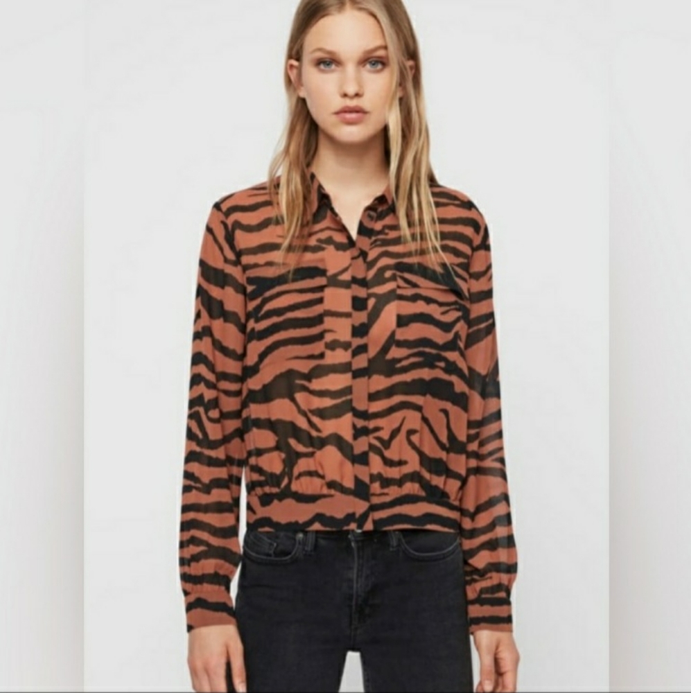 NWT AllSaints Adeliza Zephyr Button Down Animal Print Long Sleeve Blouse Size M - Picture 2 of 11